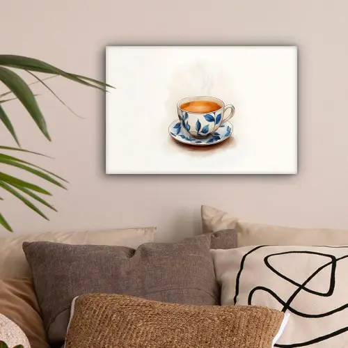 Theekop - Bladeren - Blauw canvas 2cm klein -sfeer1