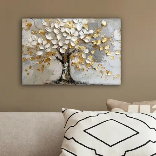 Boom - Beige - Grijs - Goud - Abstract canvas 2cm klein -sfeer3