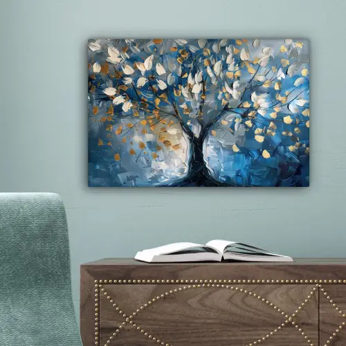 Boom - Blauw - Goud - Abstract canvas 2cm klein -sfeer4