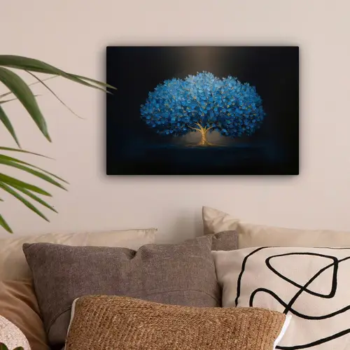Boom - Blauw - Bladeren - Penseelstreken canvas 2cm klein -sfeer1