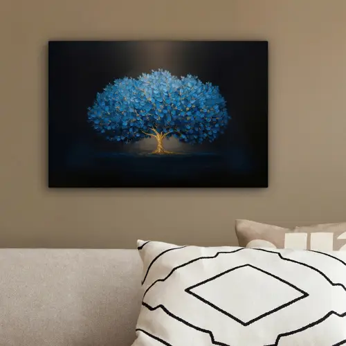 Boom - Blauw - Bladeren - Penseelstreken canvas 2cm klein -sfeer3