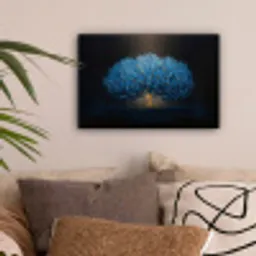 Boom - Blauw - Bladeren - Penseelstreken canvas 2cm klein -sfeer1