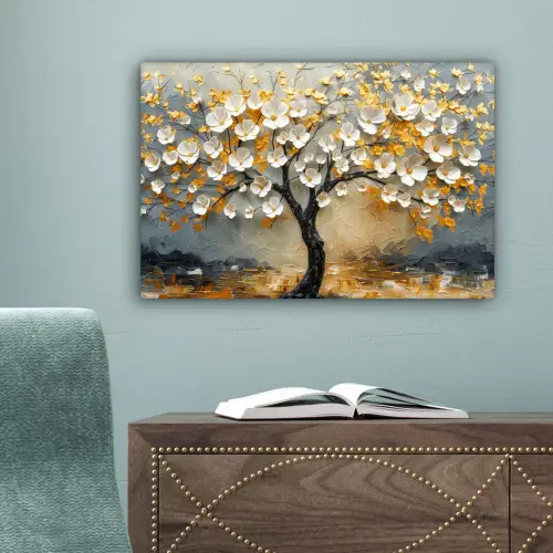 Boom - Bloemen - Goud - Beige canvas 2cm klein -sfeer4