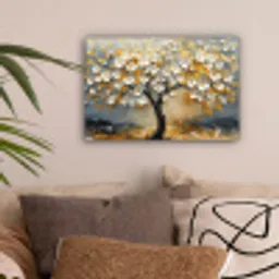 Boom - Bloemen - Goud - Beige canvas 2cm klein -sfeer1