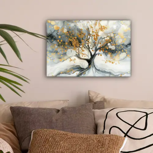 Boom - Modern - Abstract - Goud - Zwart - Wit canvas 2cm klein -sfeer1