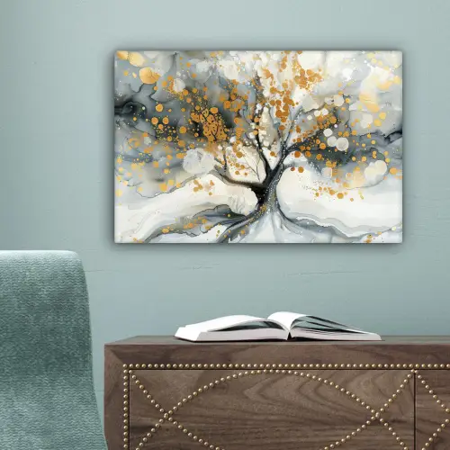 Boom - Modern - Abstract - Goud - Zwart - Wit canvas 2cm klein -sfeer4