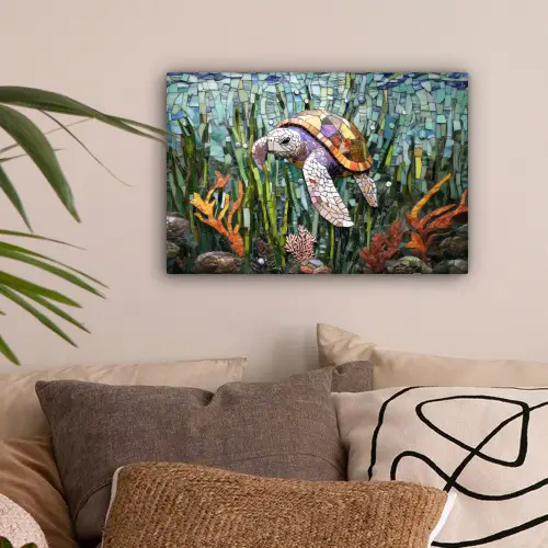 Schildpad - Zeewier - Mozaïek canvas 2cm klein -sfeer1