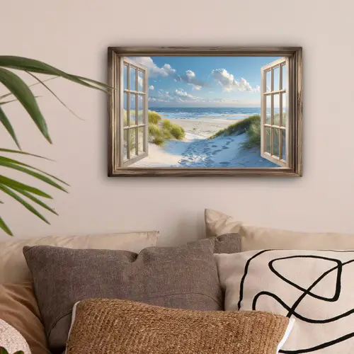 Doorkijk - Strand - Raam - Duinen - Zee canvas 2cm klein -sfeer1