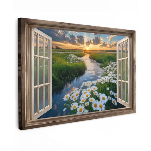 Doorkijk - Landschap - Raam - Water - Zonsondergang canvas 2cm klein -z3d