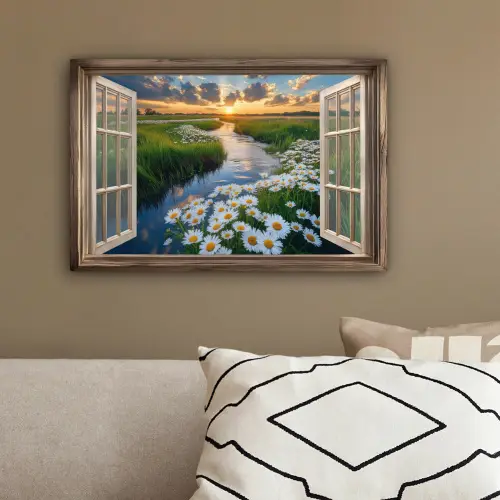Doorkijk - Landschap - Raam - Water - Zonsondergang canvas 2cm klein -sfeer3