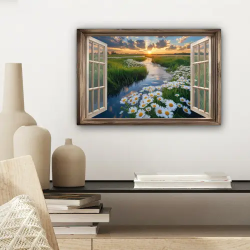 Doorkijk - Landschap - Raam - Water - Zonsondergang canvas 2cm klein -sfeer6