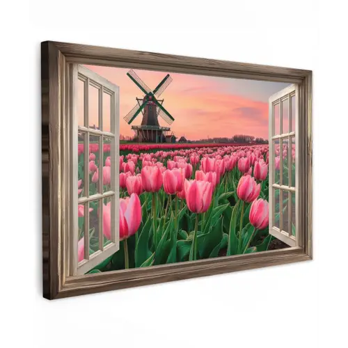 Doorkijk - Tulpen - Bloemen - Molen - Raam canvas 2cm klein -z3d