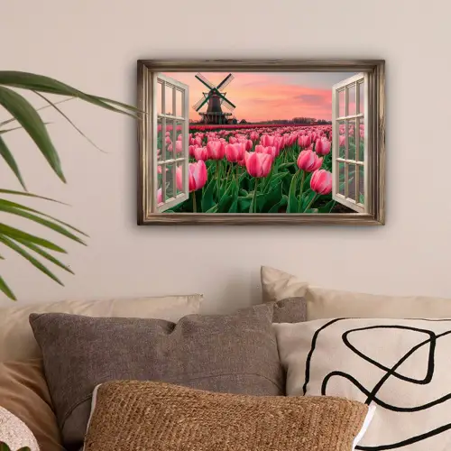 Doorkijk - Tulpen - Bloemen - Molen - Raam canvas 2cm klein -sfeer1