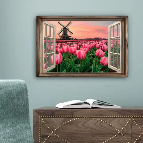 Doorkijk - Tulpen - Bloemen - Molen - Raam canvas 2cm klein -sfeer4