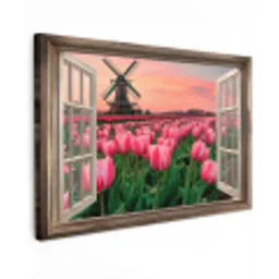Doorkijk - Tulpen - Bloemen - Molen - Raam canvas 2cm klein -z3d