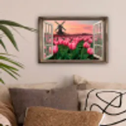 Doorkijk - Tulpen - Bloemen - Molen - Raam canvas 2cm klein -sfeer1