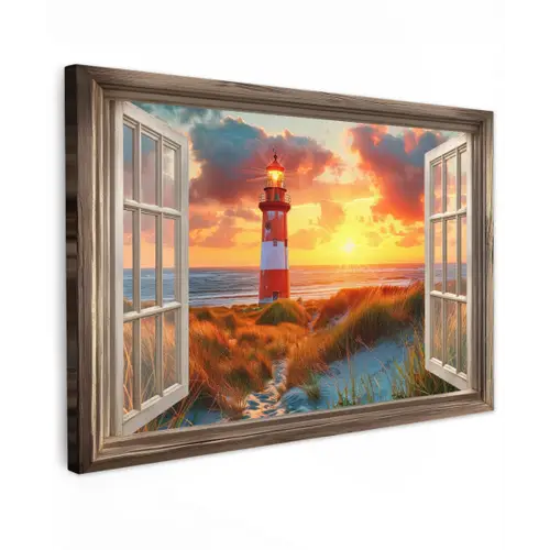 Doorkijk - Raam - Vuurtoren - Zonsondergang - Strand canvas 2cm klein -z3d