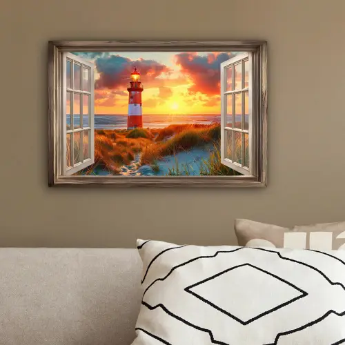 Doorkijk - Raam - Vuurtoren - Zonsondergang - Strand canvas 2cm klein -sfeer3