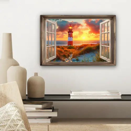 Doorkijk - Raam - Vuurtoren - Zonsondergang - Strand canvas 2cm klein -sfeer6