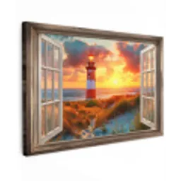Doorkijk - Raam - Vuurtoren - Zonsondergang - Strand canvas 2cm klein -z3d