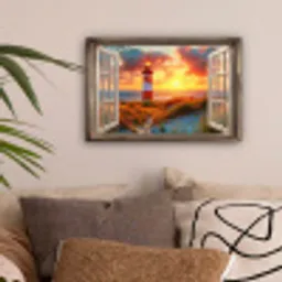 Doorkijk - Raam - Vuurtoren - Zonsondergang - Strand canvas 2cm klein -sfeer1