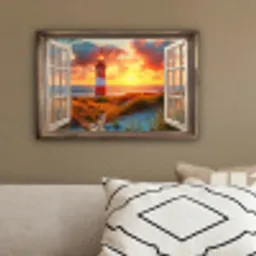 Doorkijk - Raam - Vuurtoren - Zonsondergang - Strand canvas 2cm klein -sfeer3
