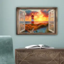 Doorkijk - Raam - Vuurtoren - Zonsondergang - Strand canvas 2cm klein -sfeer4