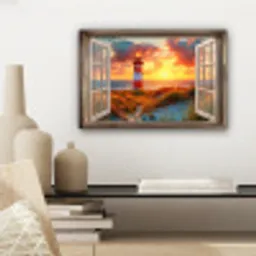 Doorkijk - Raam - Vuurtoren - Zonsondergang - Strand canvas 2cm klein -sfeer6