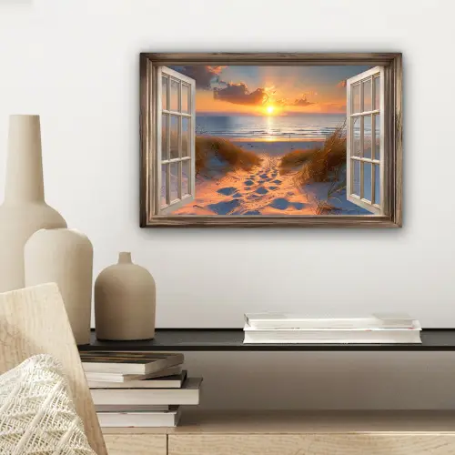 Doorkijk - Strand - Duinen - Zonsondergang canvas 2cm klein -sfeer6