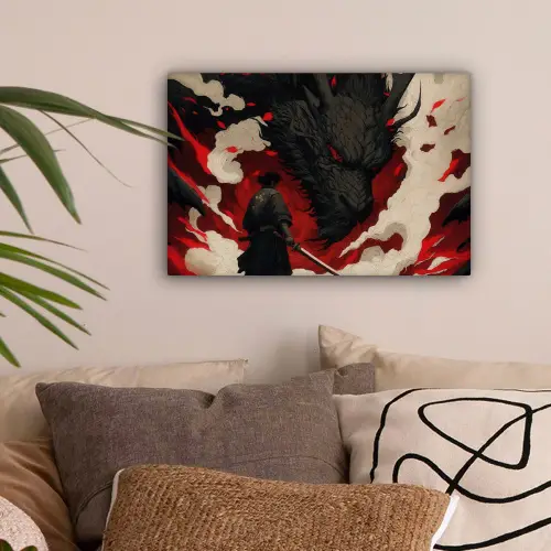Krijger - Draak - Zwart - Rood - Rook canvas 2cm klein -sfeer1
