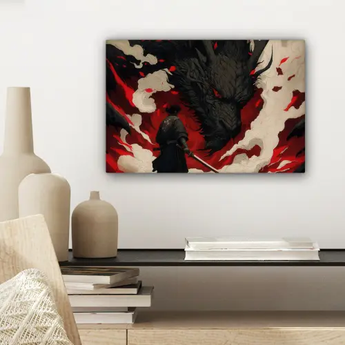 Krijger - Draak - Zwart - Rood - Rook canvas 2cm klein -sfeer6