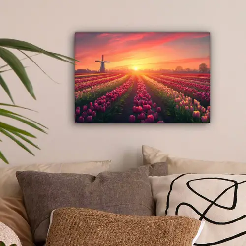 Windmolen - Zonsondergang - Landschap canvas 2cm klein -sfeer1