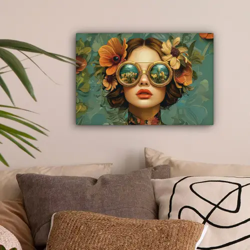 Vrouw - Bloemen - Vlinders - Natuur - Vintage canvas 2cm klein -sfeer1