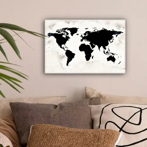 Wereldkaart - Zwart - Hout canvas 2cm klein -sfeer1