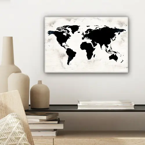 Wereldkaart - Zwart - Hout canvas 2cm klein -sfeer6