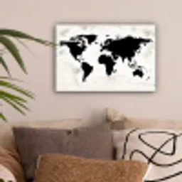 Wereldkaart - Zwart - Hout canvas 2cm klein -sfeer1
