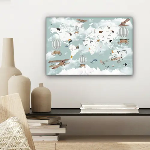 Wereldkaart - Kind - Vliegtuig canvas 2cm klein -sfeer6