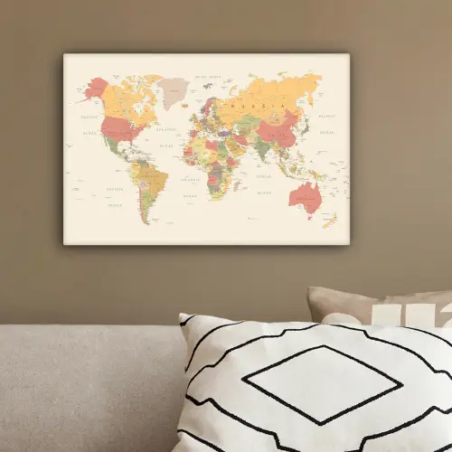 Wereldkaart - Realistisch - Beige canvas 2cm klein -sfeer3