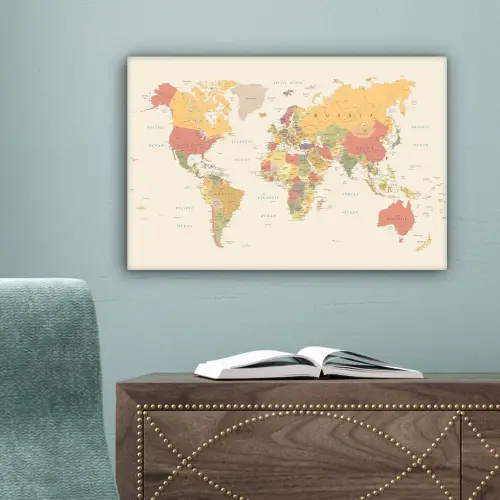 Wereldkaart - Realistisch - Beige canvas 2cm klein -sfeer4