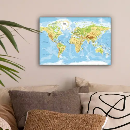 Wereldkaart - Staatkundig - Blauw - Aarde - Educatief canvas 2cm klein -sfeer1