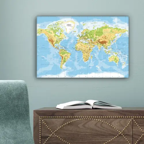 Wereldkaart - Staatkundig - Blauw - Aarde - Educatief canvas 2cm klein -sfeer4