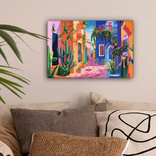 Geel - Blauw - Oranje - Huis canvas 2cm klein -sfeer1