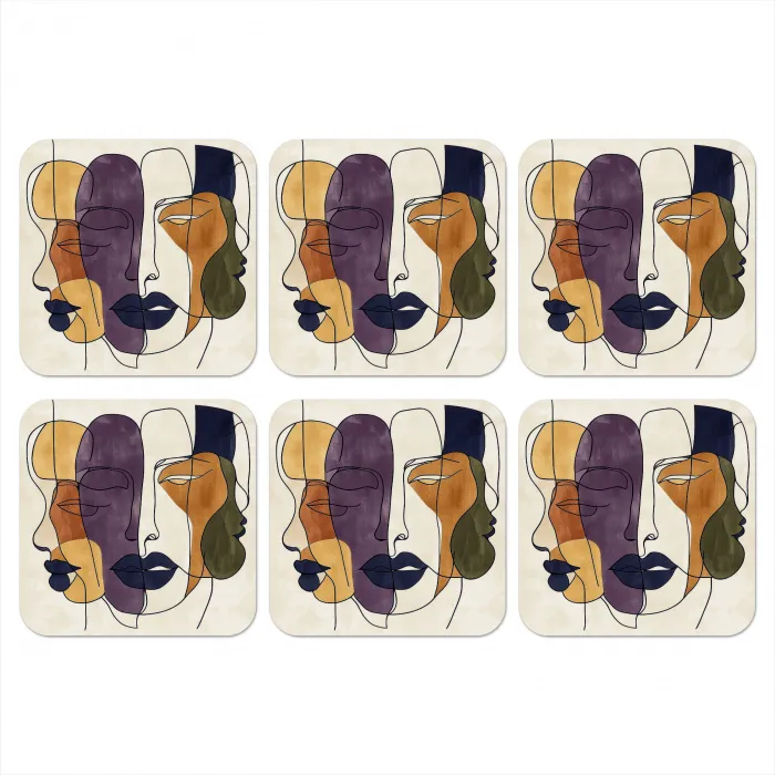 Abstract - Overlappende gezichten - Paars - Donkergroen onderzetter kurk middel -3d