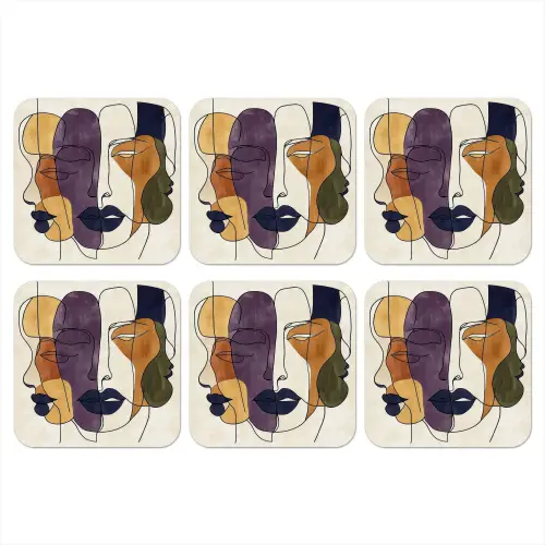 Abstract - Overlappende gezichten - Paars - Donkergroen onderzetter kurk middel -3d