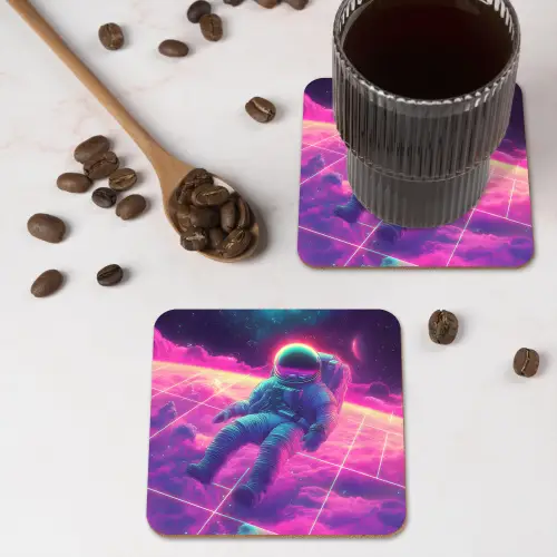 Astronaut - Neon - Roze - Wolken onderzetter kurk middel -sfeer2