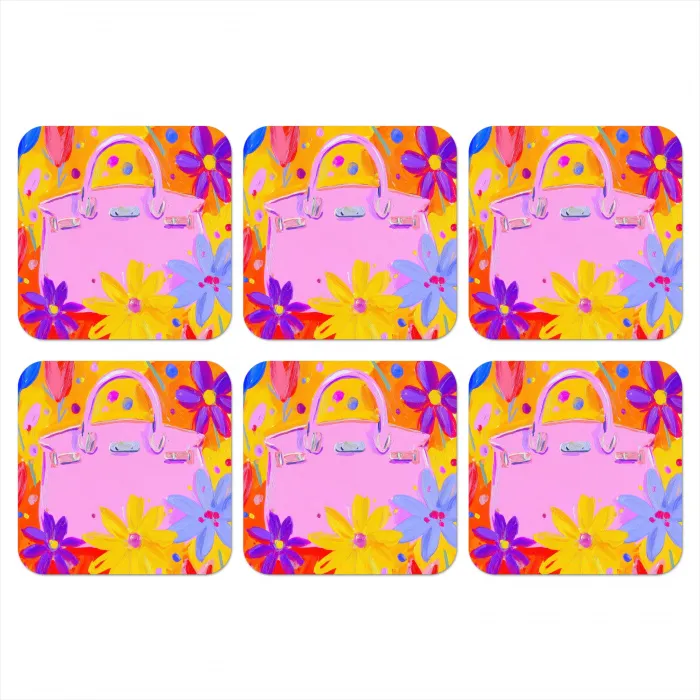 Tas - Roze - Bloemen onderzetter kurk middel -3d