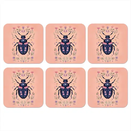 Kever - Donkerblauw - Bloemen - Sierlijk onderzetter kurk middel -3d