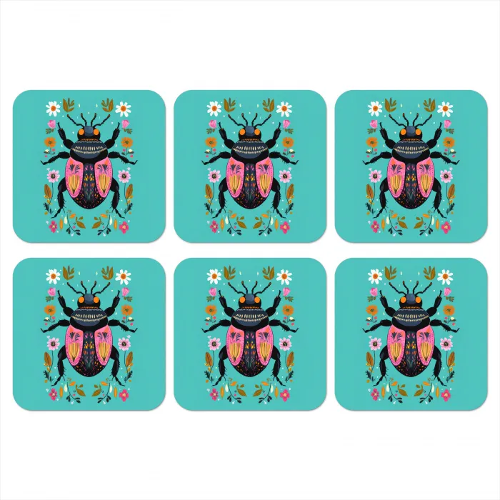 Kever - Bloemmotieven - Turquoise - Bladeren onderzetter kurk middel -3d