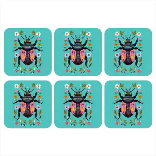 Kever - Bloemmotieven - Turquoise - Bladeren onderzetter kurk middel -3d
