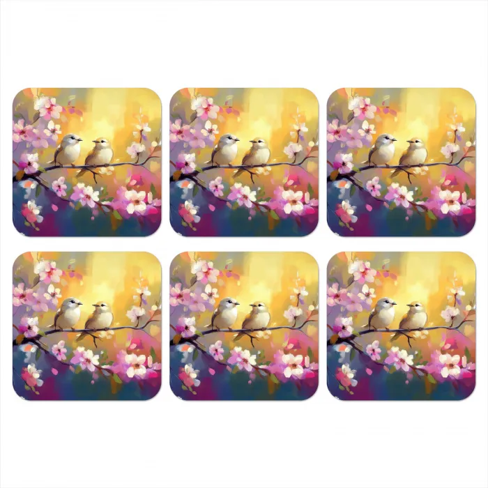Vogels - Bloemen - Roze onderzetter kurk middel -3d